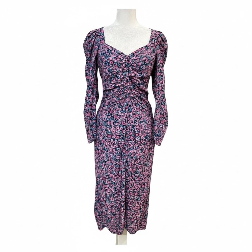 ZARA Draped Floral Back Tie Midi Dress Puff Sleeve Size Medium Square Neck